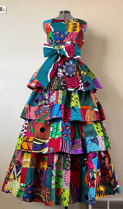 African kitengi patchwork dress, long tier dress