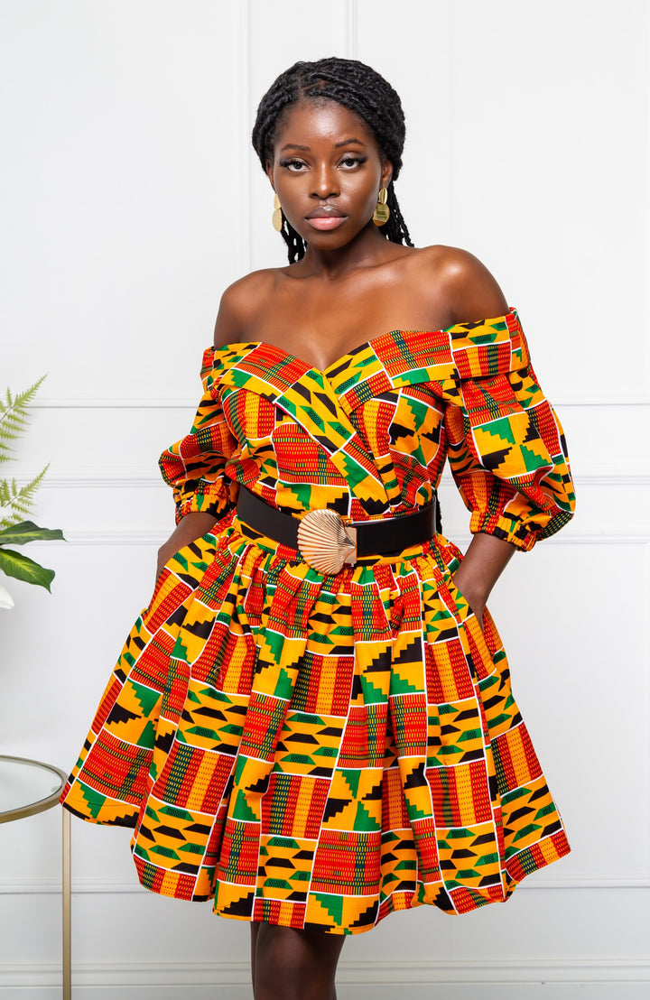 Open shoulder African Kente midi dress