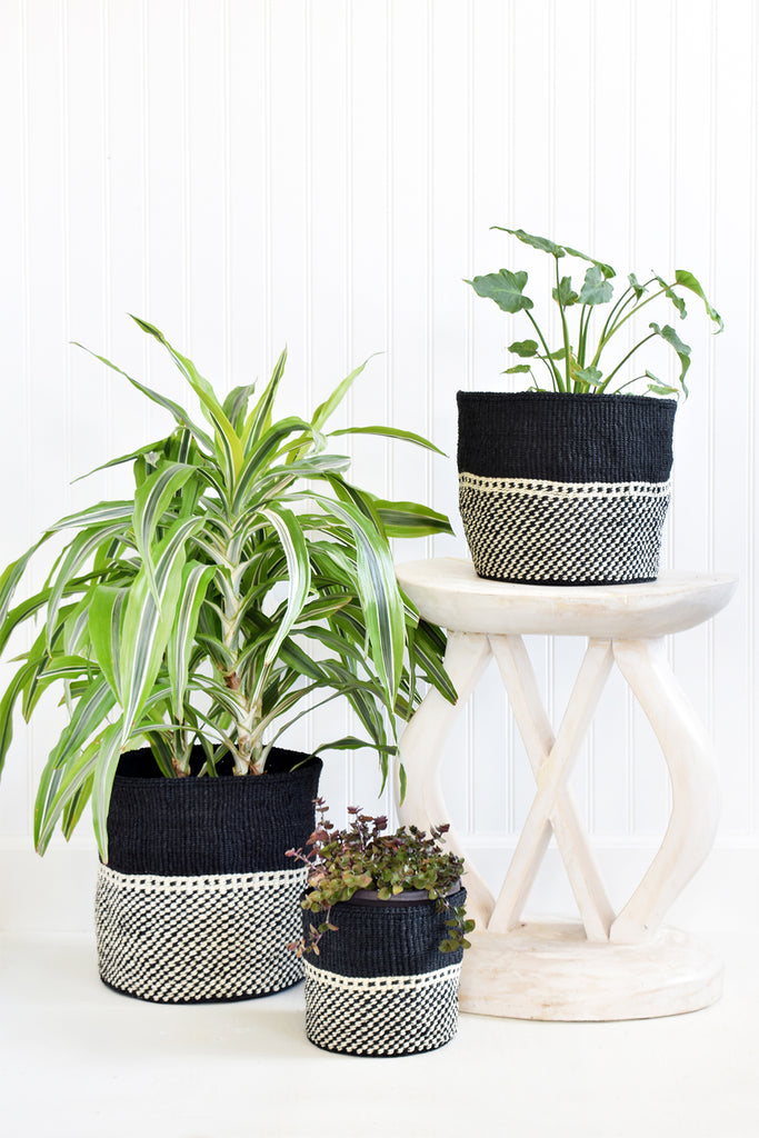 Set of black and white sisal nesting African storage and planter baskets