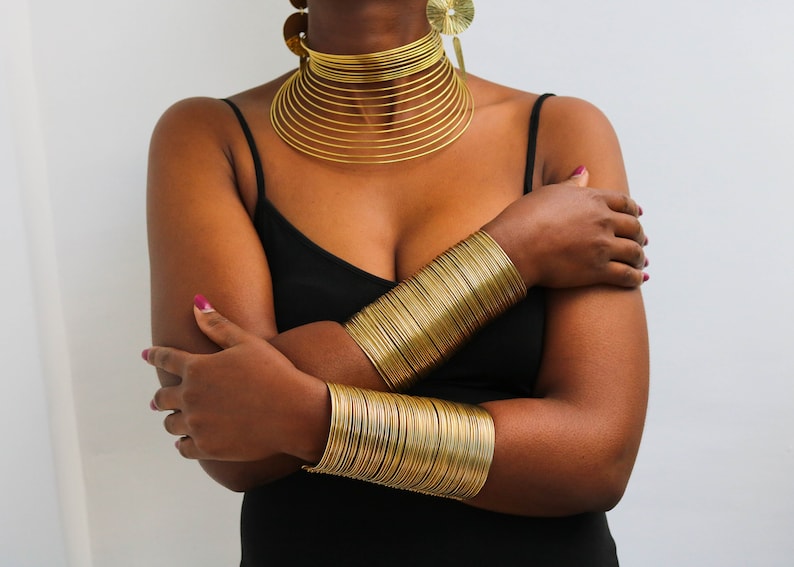 African Brass Choker Necklace, Statement Necklace and cuff bracelets