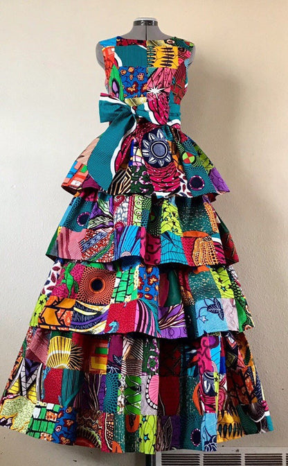 African kitengi patchwork dress, long tier dress