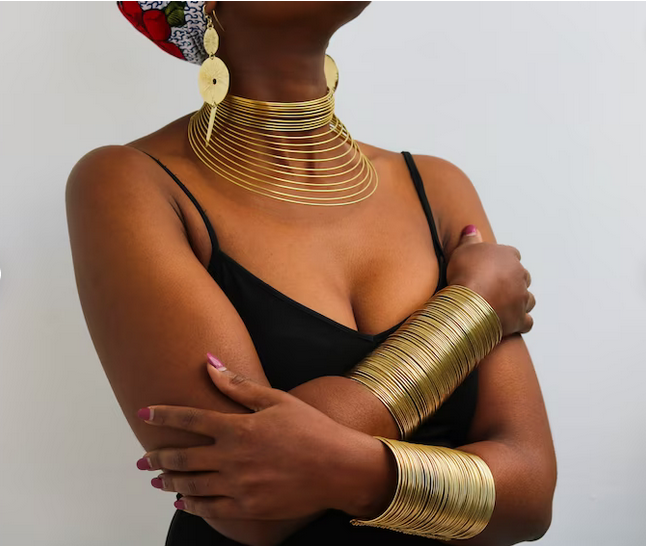 African Brass Choker Necklace, Statement Necklace and cuff bracelets