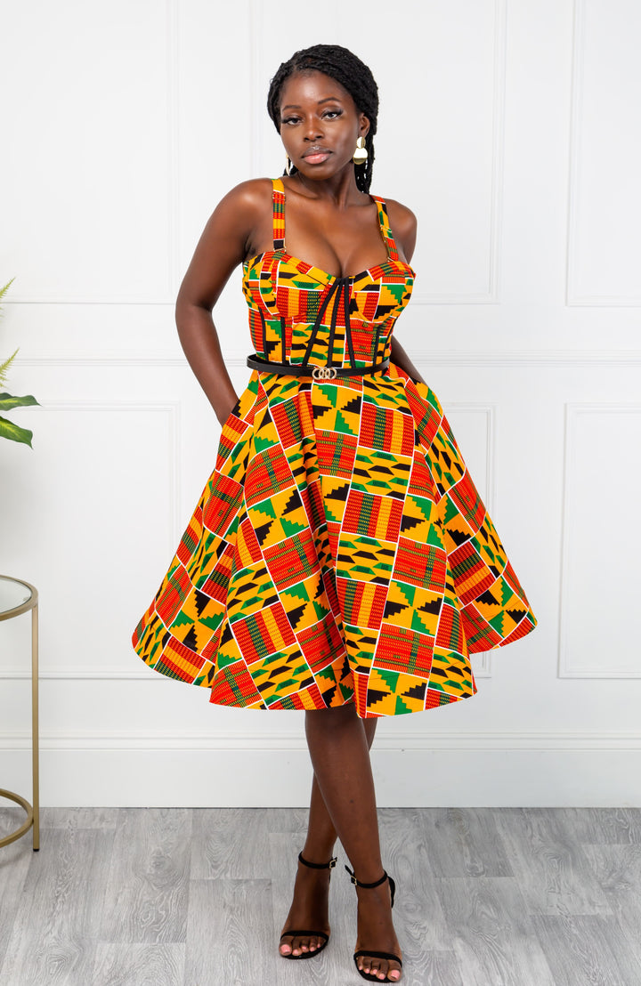 Open shoulder Fit & Flare African Kente midi dress