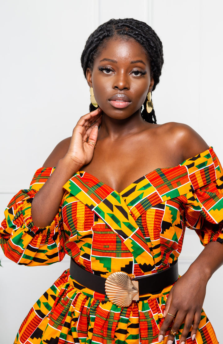 Open shoulder African Kente midi dress