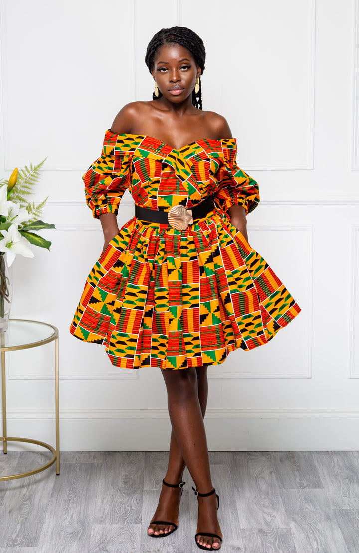 Open shoulder African Kente midi dress