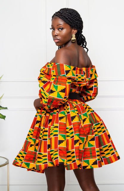 Open shoulder African Kente midi dress