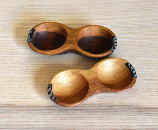 Olive Wood Double Serving Bowl with Bone Inlay