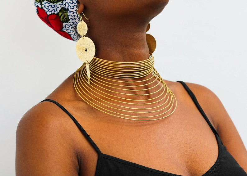 African Brass Choker Necklace, Statement Necklace and cuff bracelets