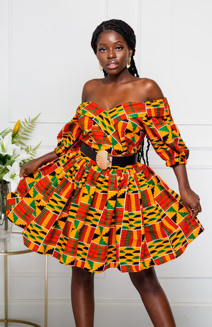 Open shoulder African Kente midi dress