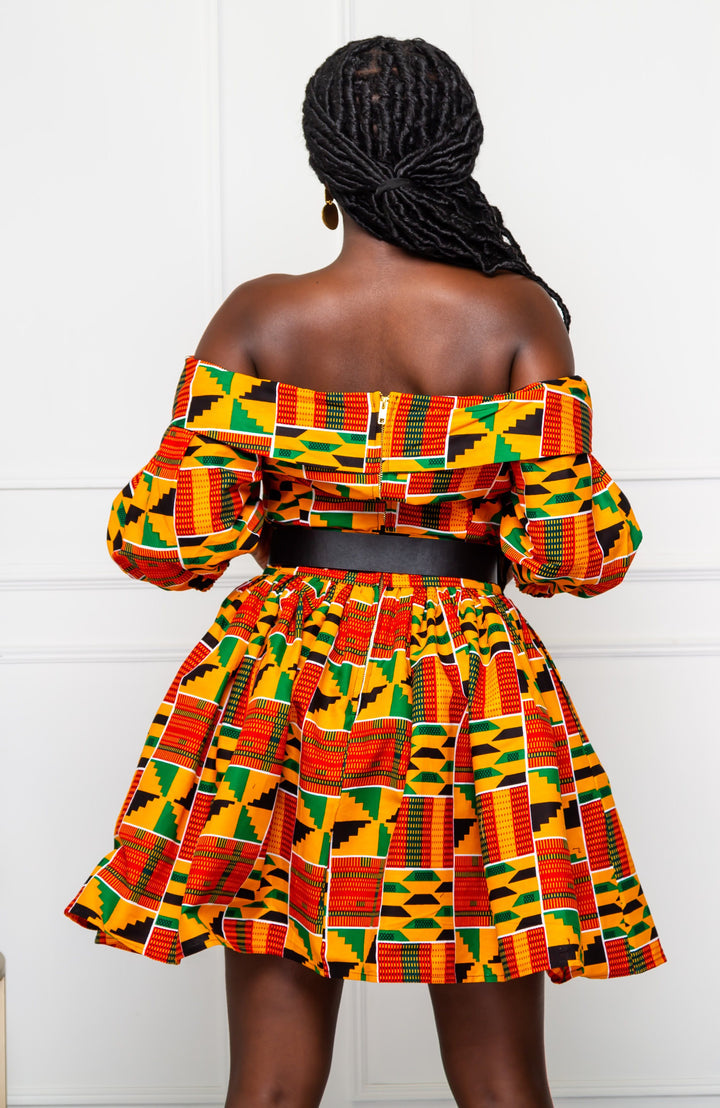 Open shoulder African Kente midi dress