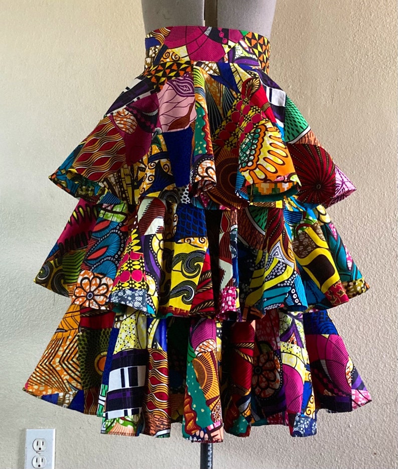 Ankara patchwork Flirty tier skirt, mid-length African skirt.