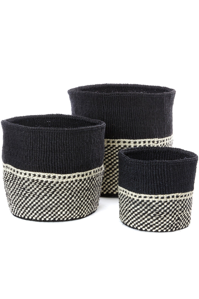 Set of black and white sisal nesting African storage and planter baskets