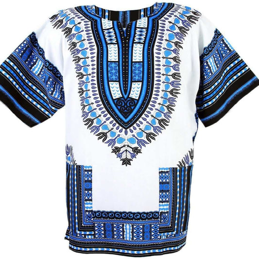 Shirt White blue African free size dashiki unisex shirt - Acts Africa