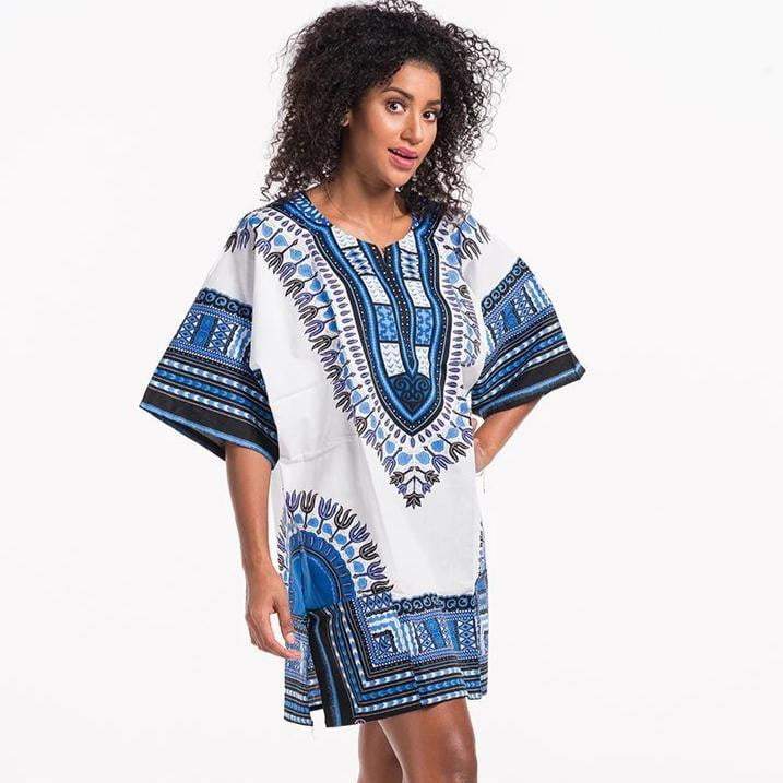 White and Blue DASHIKI SHIRT, Women Dress top, Traditional Shirt - Acts Africa